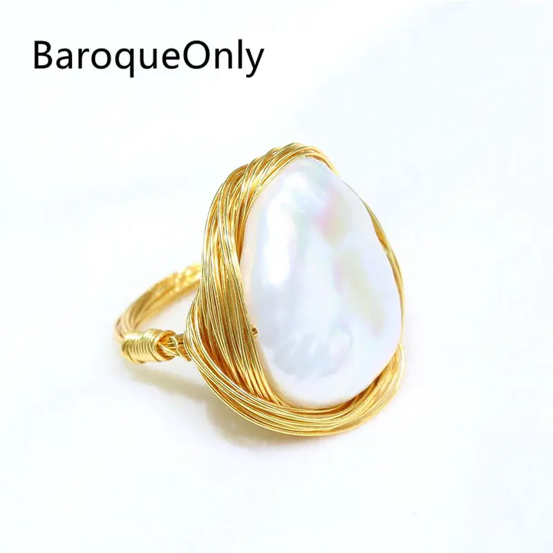 

BaroqueOnly Hand made Natural Fresh Water Pearl Baroque Beads Handmade Copper Wire Wrapped Rings Fashion Woman Jewelry ROE
