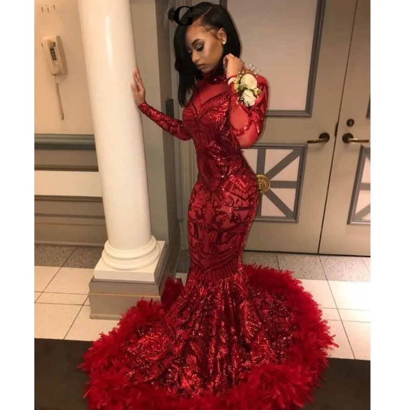 2019 Red Long Sleeve Mermaid African Prom Dresses with Feathers Train High Neck Elegant Plus Size Black Girls Evening Gala Gowns | Свадьбы и
