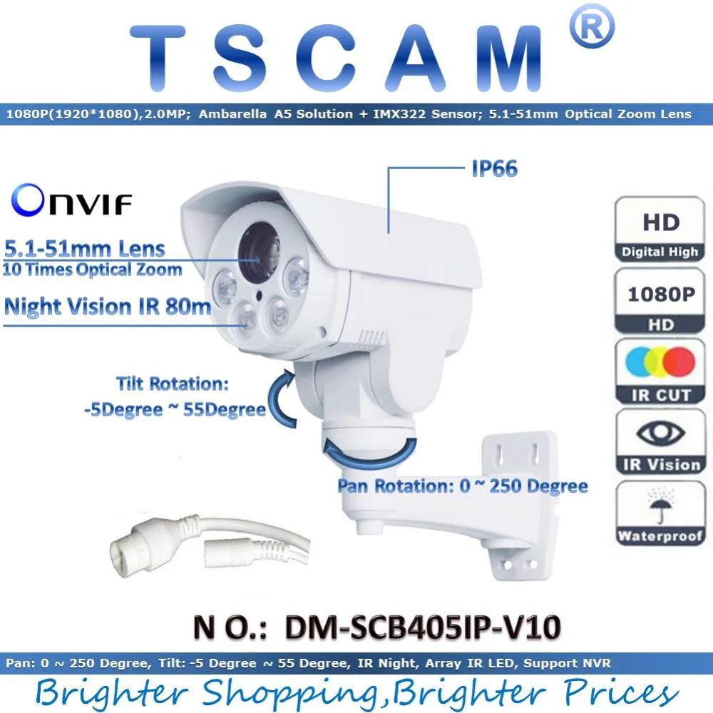 TSCAM new DM-SCB405IP-V10 HD 1080P 2.0MP IP Camera 10X Optical Zoom Mini IR Night Vision PTZ Security camera P2P Free shipping
