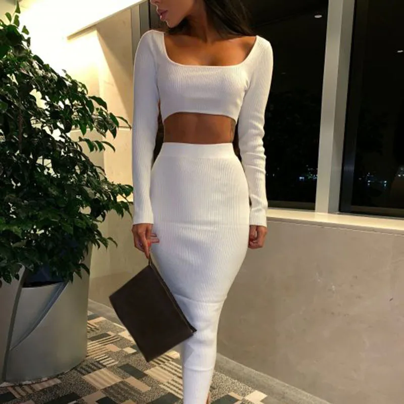 

Two piece set Women long sleeve cop tops and pencil skirts suits Summer 2019 fashion solid tracksuit Womens outfit 2 piece sets