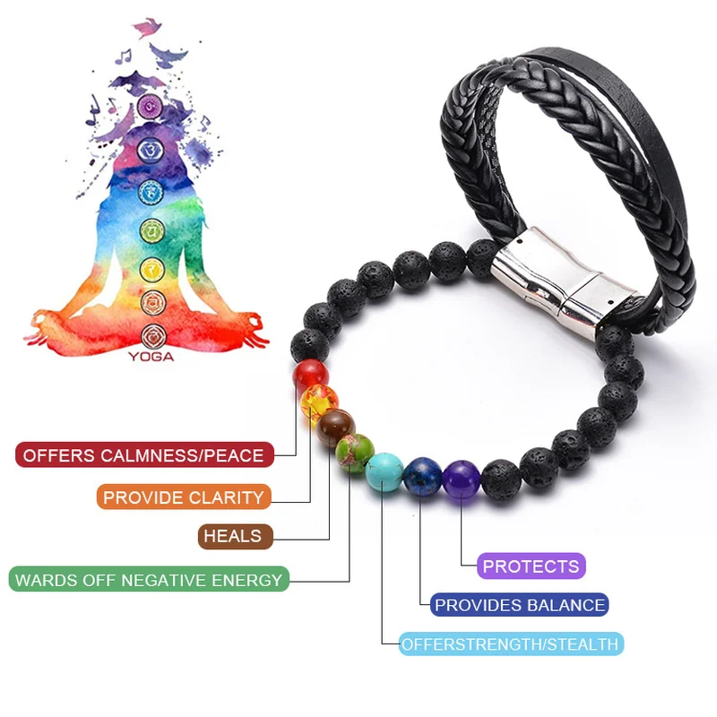 

7 Charm Bracelet Jewelry Handmade Healing Crystals Natural Stone Tube Beads Leather Wrap Couples Bracelets Creative Gifts