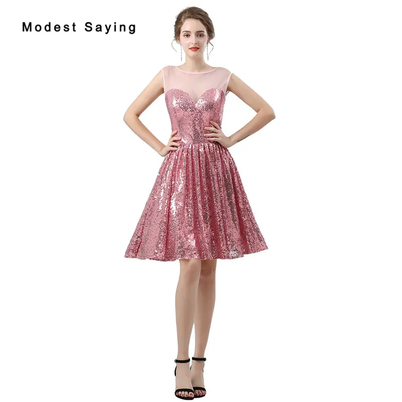 Sexy Illusion Neck Dark Pink Aline Sequined Mini Cocktail Dresses 2018