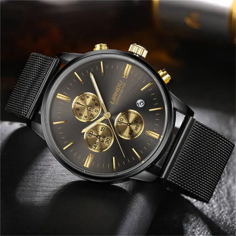 LIANDU роскошные модные мужские хронограф светящийся черный циферблат Кварцевые часы имитация нержавеющая сталь сетки часы с подарочной