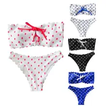 Womens Sexy Two Piece Bikini Set Off Shoulder Strapless Metal Hole Lace Up Bandage Bandeau Scalloped Trim Seamless Thong Polka D Womens Sexy Two Piece Bikini Set Off Shoulder Strapless Metal Hole Lace Up Bandage Bandeau Scalloped Trim Seamless Thong Polka D