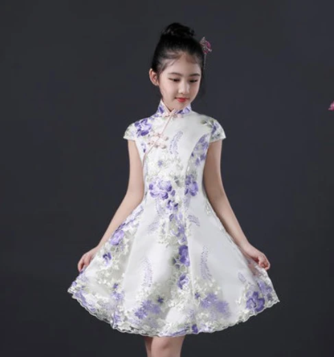 Восточные костюмы для девочек; детское праздничное платье; детское платье в китайском стиле; платье трапециевидной формы с кружевными цветами и воротником «Мандарин»; одежда для сцены и вечеринок - Цвет: Violet