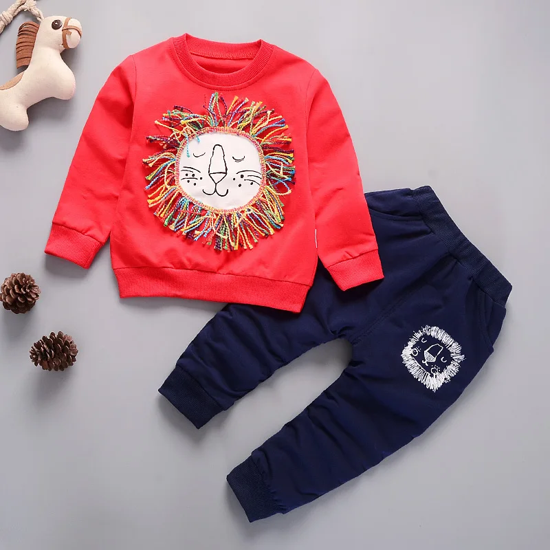 Модная детская одежда для мальчиков и девочек; детская футболка с рисунком льва; брюки; комплекты из 2 предметов; коллекция года; спортивные костюмы для малышей; весенне-Осенние костюмы