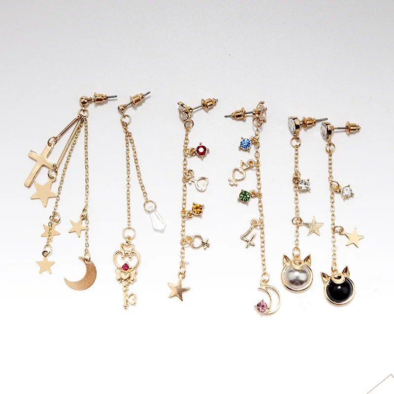 12 Styles Series Set Rhinestone Long Star Moon Tassel Earrings Luna Cat Key Wand Sailor Moon Earrings For Women Lady Girls Gifts - Image 6