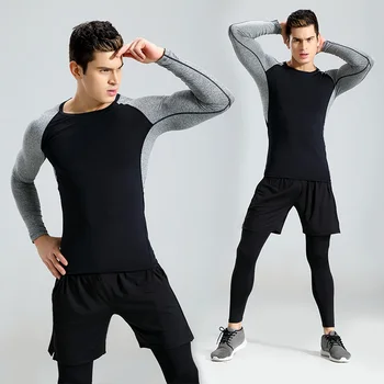

2017 New 3Pcs Running Set Men Solid Quick Dry Mens Sport Suit Fitness Tight Gym Clothing Training Suit Workout Men's Sportswear