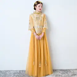Золото Винтаж Для женщин вышивка Cheongsam восточные шелковые свадебные Qipao Современная китайское традиционное платье