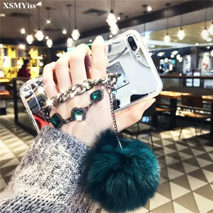 

Ultra Thin Clear Mirror Case For Samsung S10 S8 S9PLUS S7 edge Note9 8 Fashion Pearl Chain Tassel Fur Ball Phone Case Soft Cover