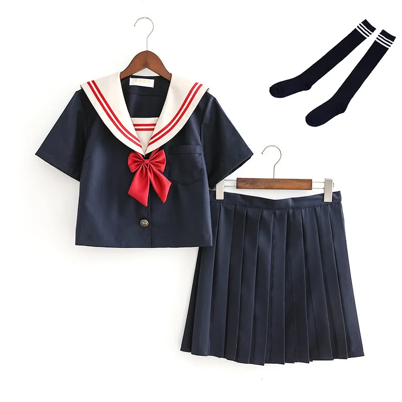 Short Set With Socks Новое поступление, маскарадный костюм моряка, комплекты школьной формы JK, школьная форма s для девочек, темно-синий топ+ юбка+ галстук, Студенческая одежда - Цвет: Short Set With Socks