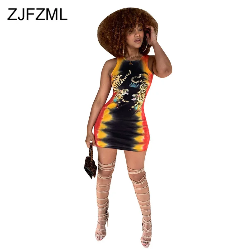

Animal Tie Dye Print Sexy Bandage Dress For Women Round Neck Sleeveless Club Party Dress Summer High Waist Slim Fit Mini Dress