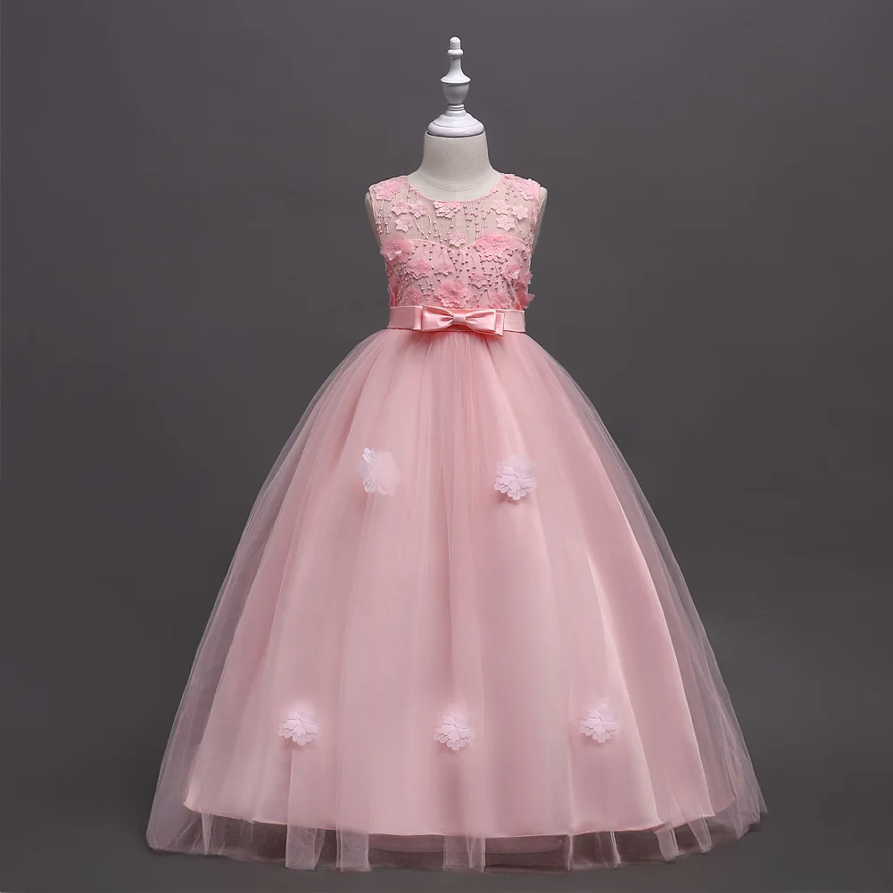 

Embroidered flower dress children's clothing Girl Dresses bow Kids Prom Wedding long evening Ball Gown Girl Pageant Vestidos