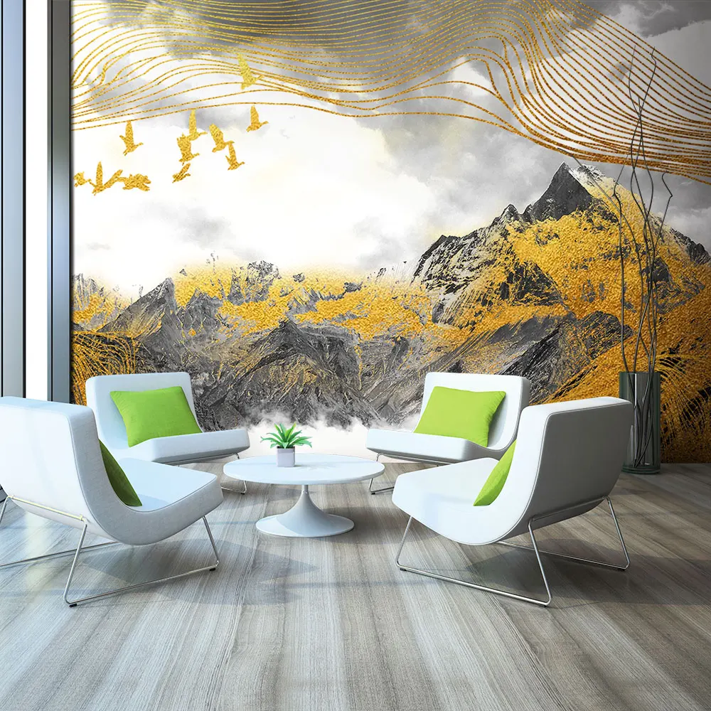 

Decoration Textile wallpaper Flying bird new Chinese ink landscape gold line decorative painting background wall