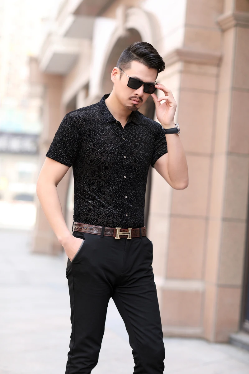 Бархатная рубашка гавайская Мужская рубашка прозрачная Camicia Uomo Camisa Social 2019 модная уличная рубашка с коротким рукавом рубашка Camisa Hombre