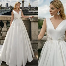 Атласное свадебное платье без рукавов с v-образным вырезом и аппликацией из бисера на поясе, свадебное платье с коротким шлейфом, vestido de novia