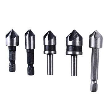 

HSS 5 Flute Countersink Drill Bit 82-90 Degree Point Angle Chamfer Chamfering Countersinking Cutter 1/4" Hex Round Shank 5pcs