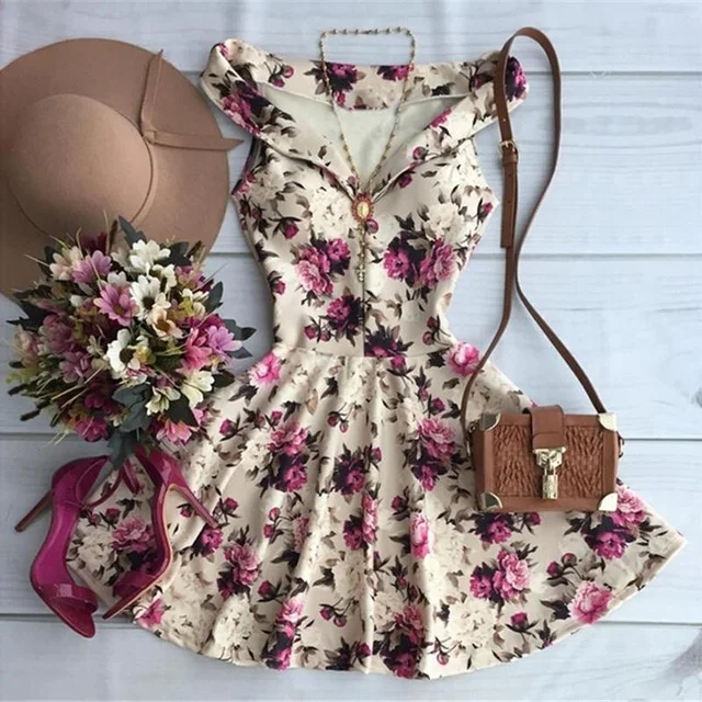 

Plus Size Summer Women Casual Flower Print Sleeveless Strap V-Neck A-Line Dress Lady Casual Off Shoulder Party Mini Dress