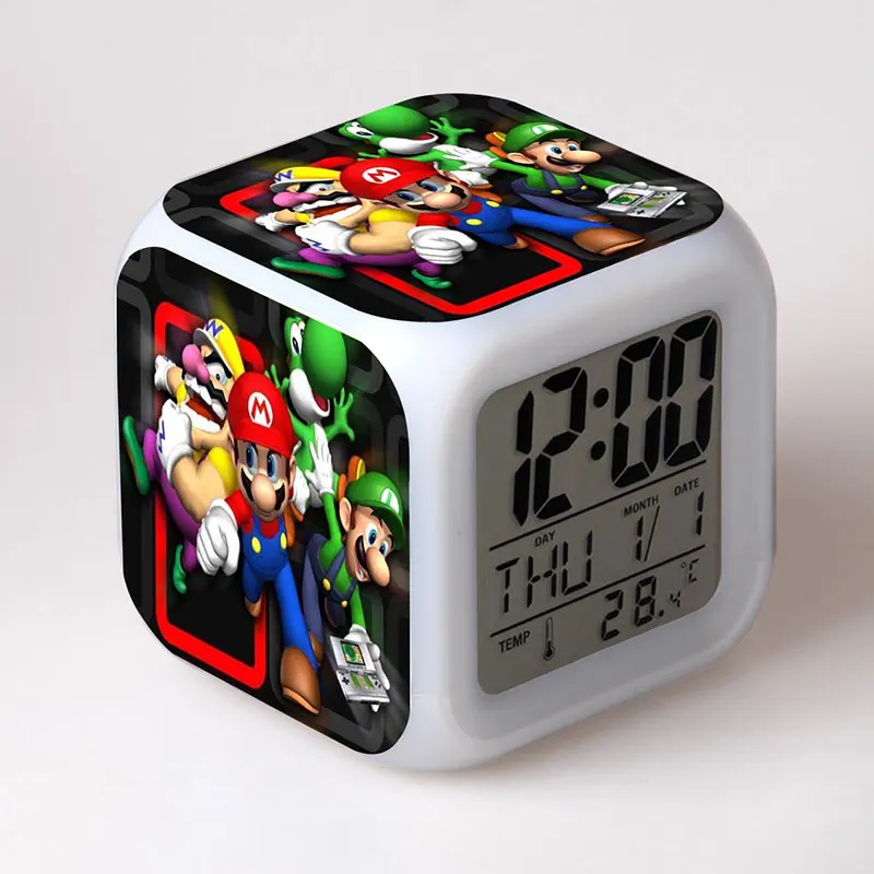 Super Mario Bros Anime Figurines Clock Alarm LED Colorful Luminous Light Thermometer Luigi Mario Yoshi Action Figures Toys