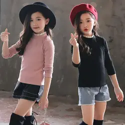 Для маленьких девочек Зимняя одежда для больших девочек футболка с длинным рукавом осень весна 2018 розовый черные футболки для девочек