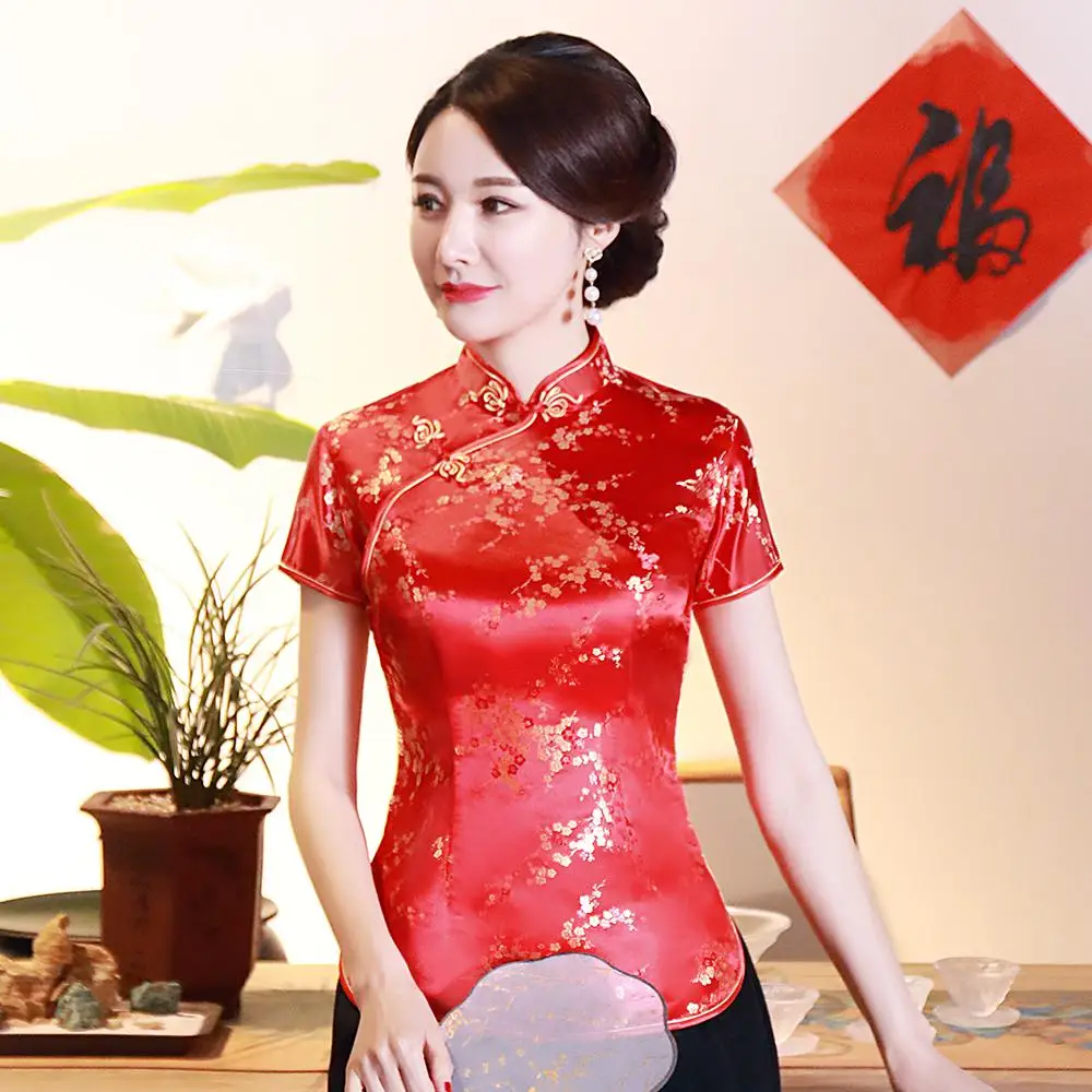 Цветочная атласная Женская рубашка Золотая с коротким рукавом летняя классическая блузка Китайский стиль праздничная одежда размера плюс 3XL 4XL винтажные Топы - Цвет: Red Flower