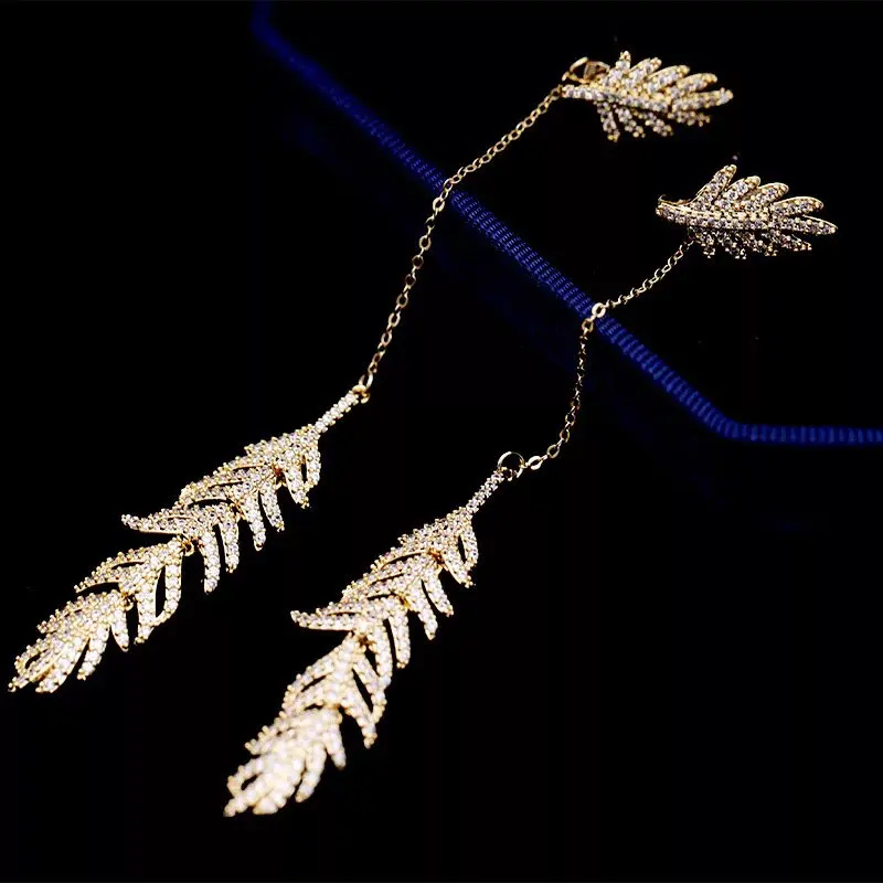 

gold feather earring 925 silver needle Women's Jewelry 2019 New Shiny rhinestone feather pendant earrings