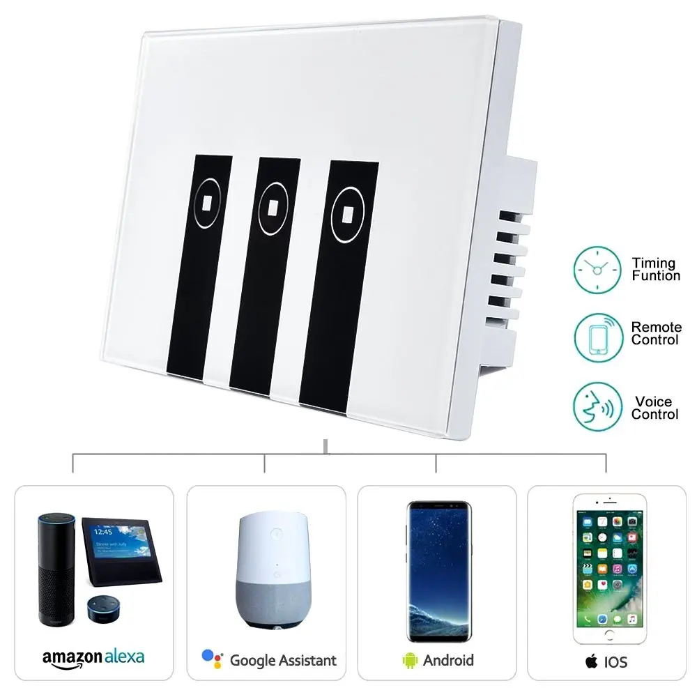 Wifi Touch Wall Touch Light Switch, 3gang Remote Control Glass Touch