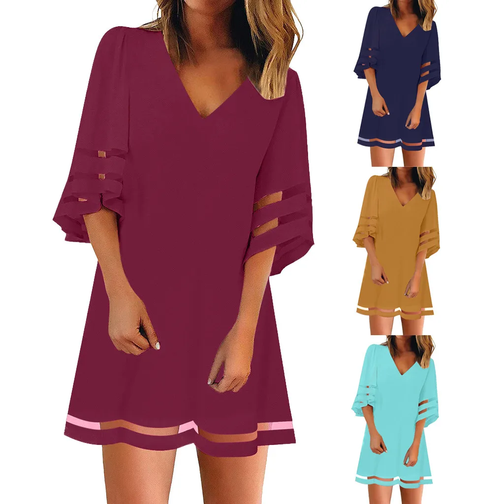 

Summer casual women's clothing Stylish and elegantV Neck Mesh Panel Blouse 3/4 Bell Sleeve Loose Top Shirt Dress