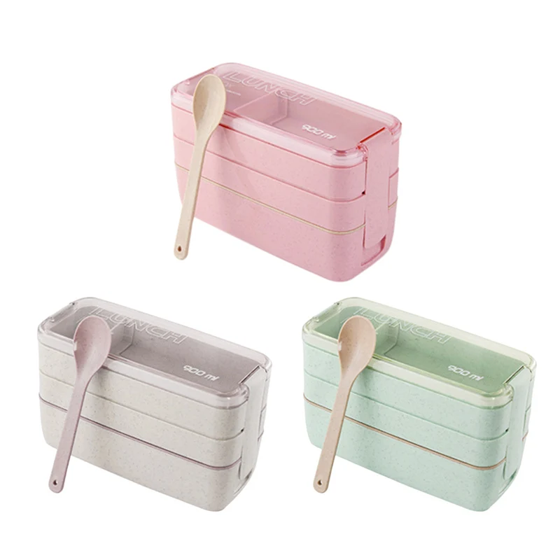 3-Layer Microwave Oven Bento Lunch Box Utensils Spoon Food Container Storage Boxes Pink School Office Outdoor Picnic 1Pcs