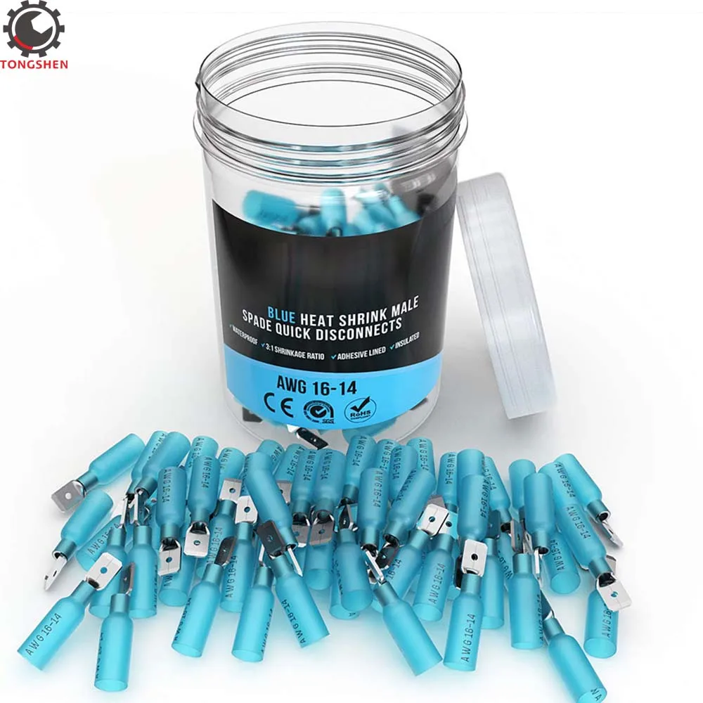 

60Pcs Male Spade Crimp Connector Blue Waterproof Heat Shrink Terminal Electrical Splice Wire Connectors Cable Crimp Terminal