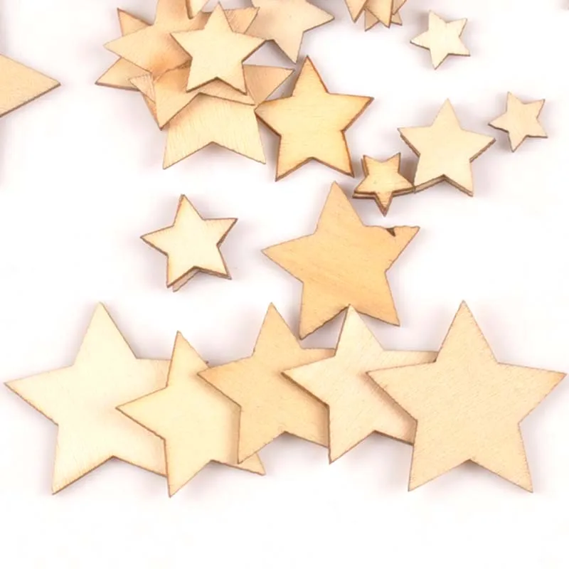 50pcs 10/15/20/25/30mm Mix Stars Wood DIY Carft For Handmade Scrapbooking Accessories Wooden Ornaments Home Decoration m0589