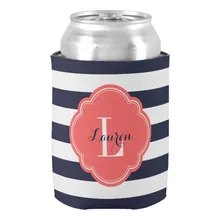 Темно-Синий и Coral Элегантное Полосы Монограмма Может Охладитель Свадьбы Пара Напитков Изолятор Юбилей Подарок Может Охладитель Пива Держатель