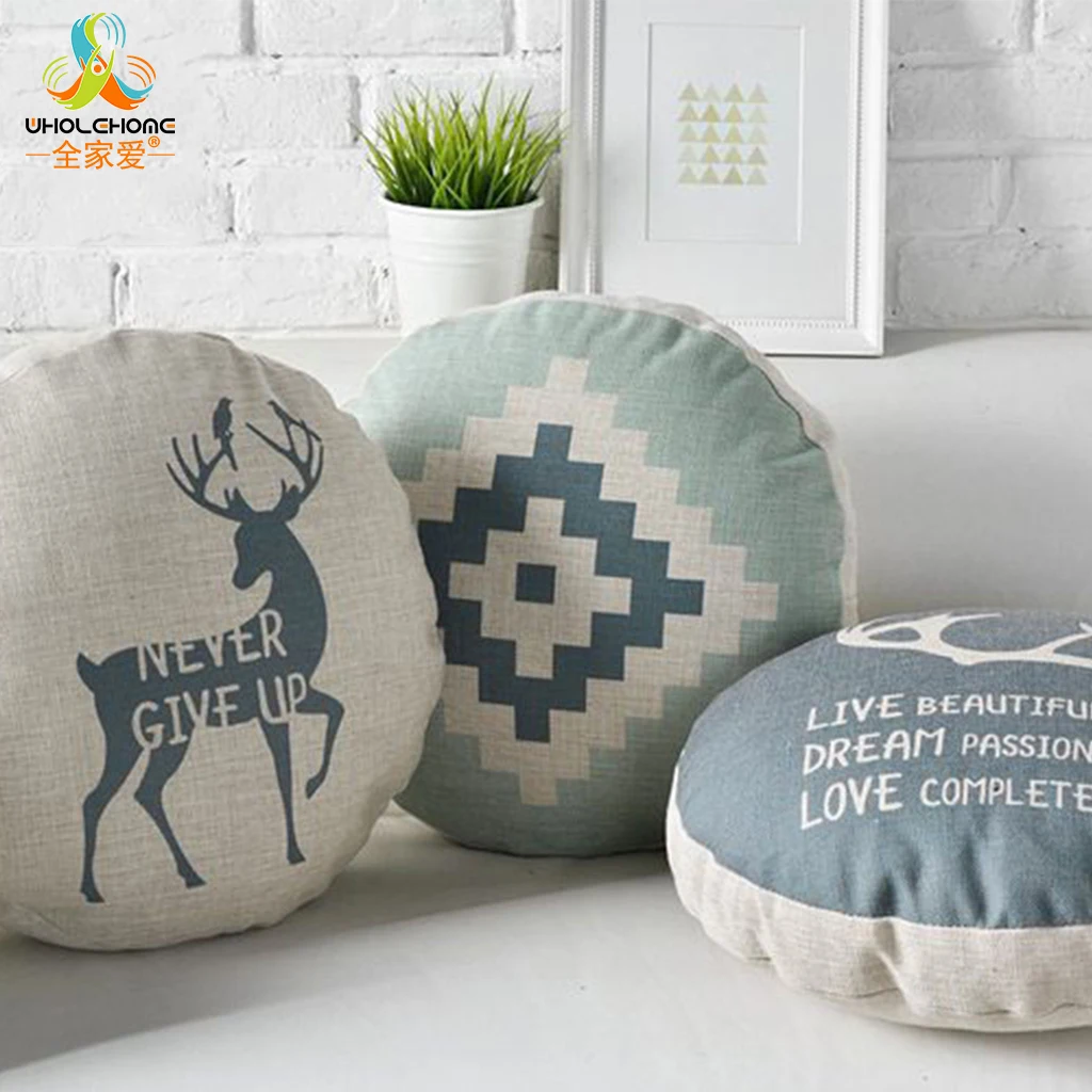 

Round Cushion Cover Linen Cotton Pillowcase Animal Christmas Elk Pillow Case Geometric Decoration Sofa Living Room Home Dia 45CM