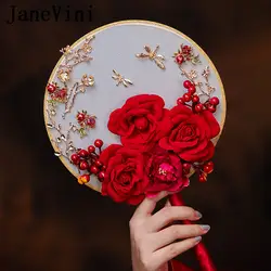 JaneVini роскошный красный и белый свадебные букеты в китайском стиле вентилятор золото искусственная Роза невеста держатель для букетов