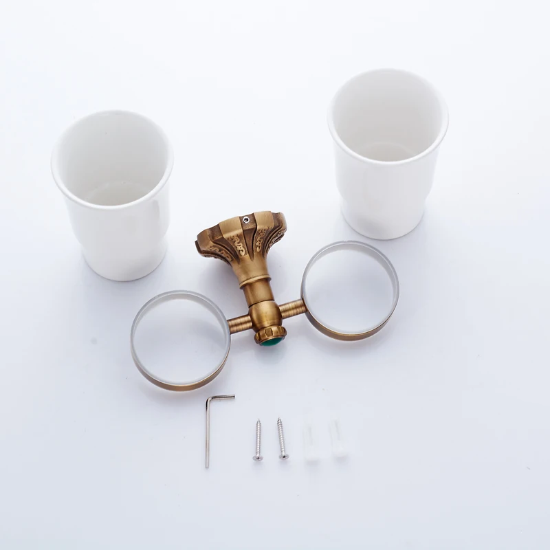 Vintage antique brass double cup holder luxury style antique copper toothbrush double tumbler&cup holder wall mount bath product