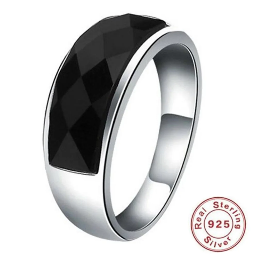 

YKNRBPH Men's S925 Sterling Silver Lovers Ring Black Agate Ring Fashion Luxury Weddings Ring Jewelry Gift