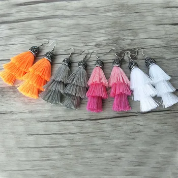 

10 Pairs cotton Silk 3 layer Tassel dangle Earrings,Pave Rhinestone Tassel Jewelry,For Women Bohemia Earrings Xmas gift ER343