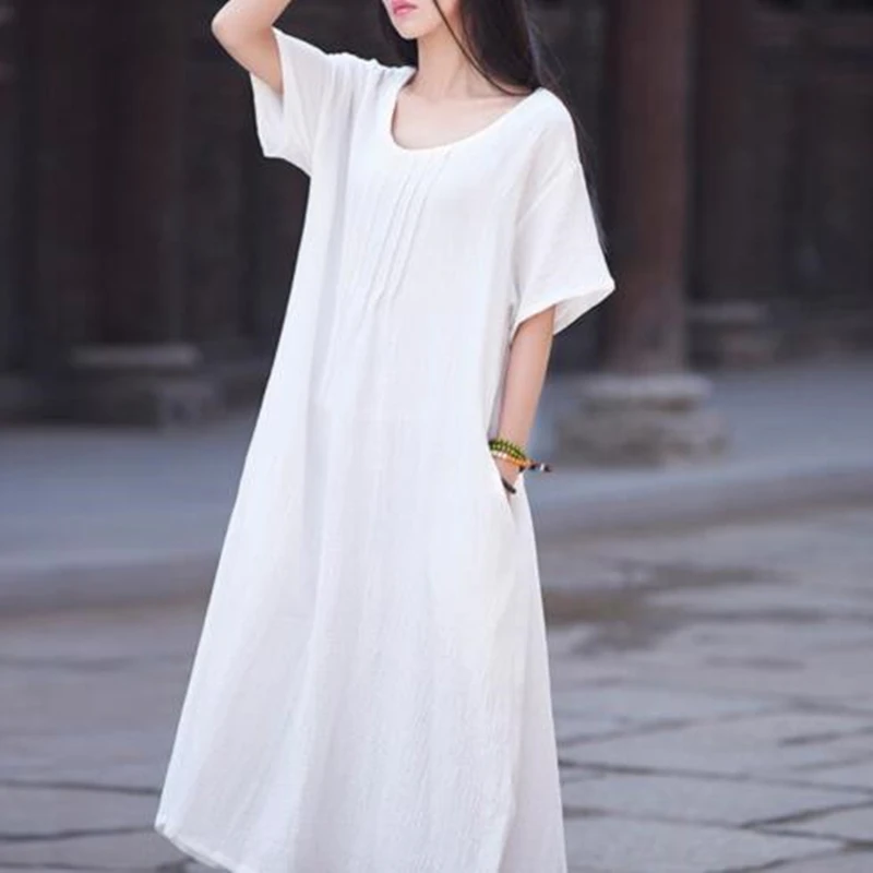 

Plus Size M-5XL/6XL Vintage Casual Solid Color Cotton Linen Dress Women Summer Half Sleeve Robe Dress Large Size Lady Dress