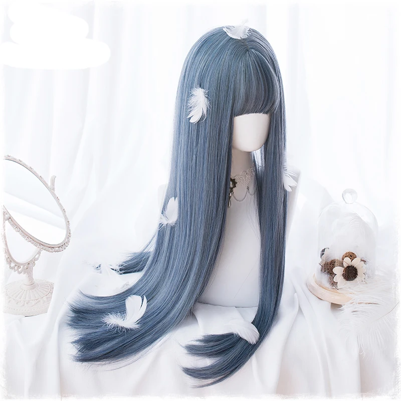 75 см/29,5 дюйма серый синий смешанный косплей парик с челкой длинные прямые синтетические волосы на заказ вечерние Косплей Лолита Парики+ парик колпачок