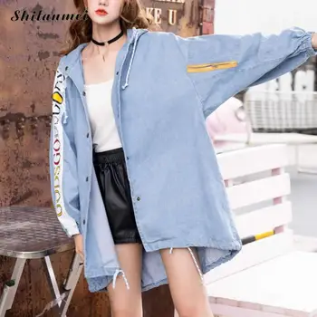 

2017 Long Denim Jacket Women Light Blue Loose Harajuku Kawaii Jaqueta Jeans Outerwear Womens Long Sleeve Coat Streetwear Female
