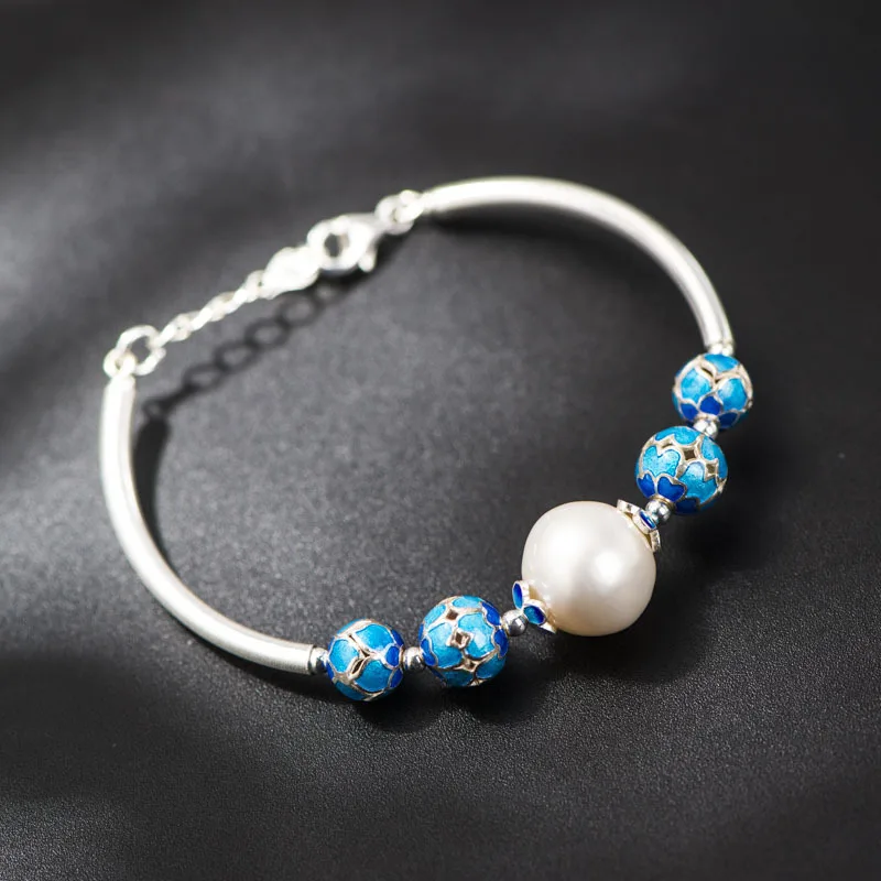 

925 Sterling Silver Bracelet Jewelry Hand-cloisonne Beads Bracelet Natural Freshwater Pearl Bracelet Wholesale