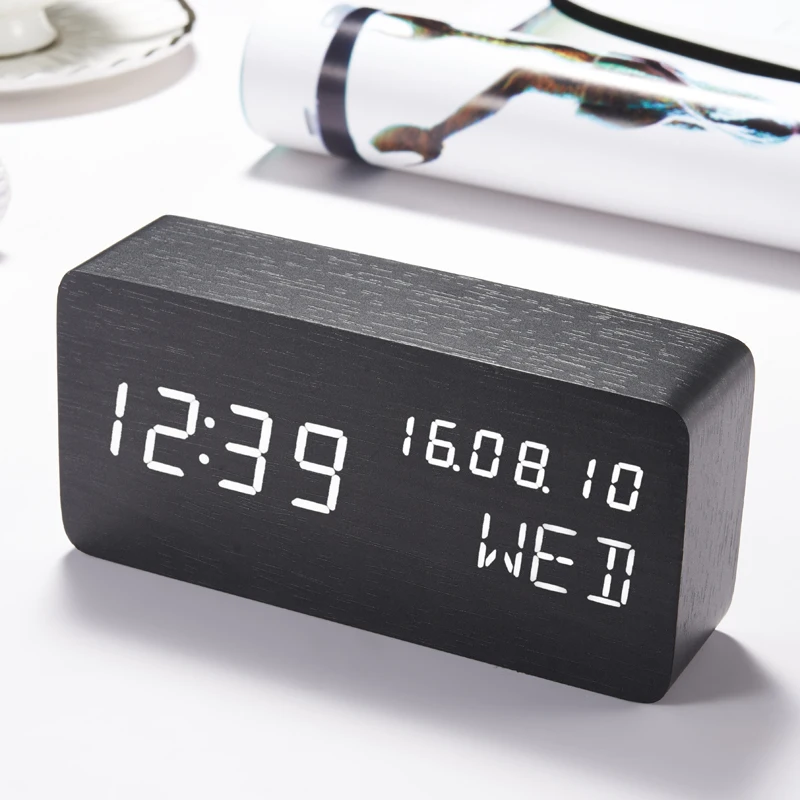 

LED Cube Wooden Clock Voice Control Electronic Desk Table Clock LED Digital Watch Nixie no Radio For Kids Bedside Alarm Clock