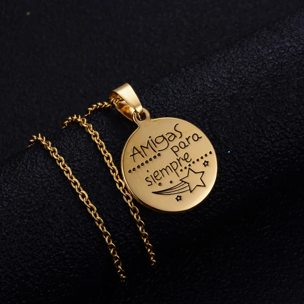

Annayoyo Spanish jewelry charms Gold color jewelry Stainless steel Pendant Necklace Amigas para siempre for women girl gift