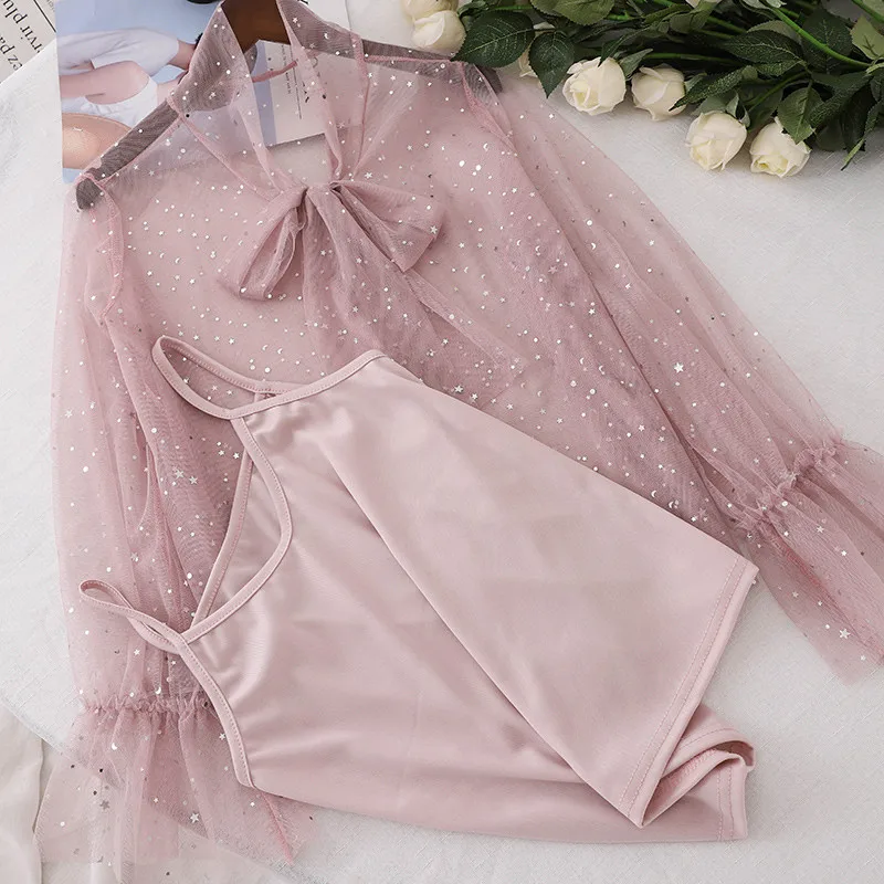 

Two Piece Women Mesh Blouse Solid Sweet Tie Bow Lace Shirts Female Long Sleeve Sequins Blouses Bottoming Shirt +Tank Tops AB1248