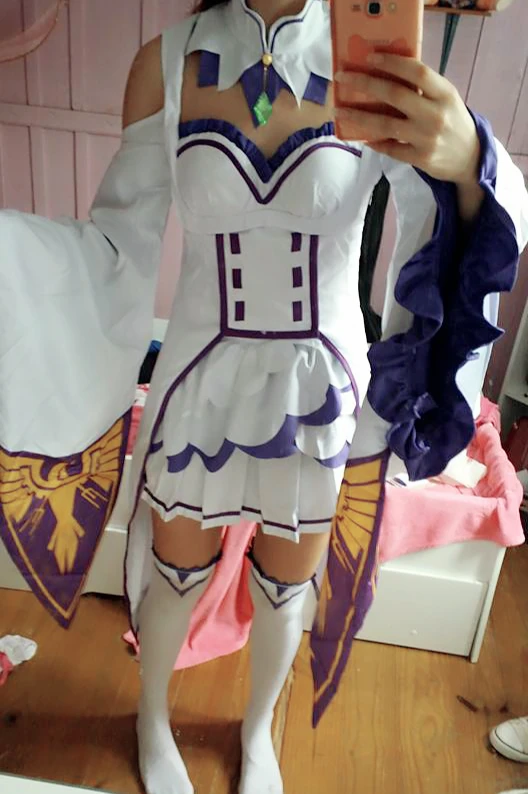 New ReZero kara Hajimeru Isekai Seikatsu Emilia Cosplay Costume Fancy Dress+Elf Ears Halloween Adult Costumes for Women (35)