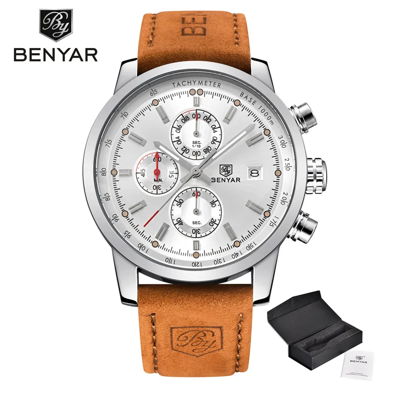 BENYAR мужские часы лучший бренд класса люкс кварцевые хронограф светящийся указатель водонепроницаемые часы модные часы Relogio Masculino - Цвет: Silver White L