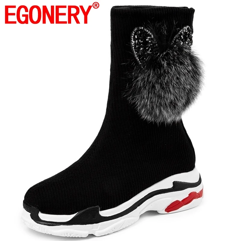 

EGONERY free shipping 2019 new concise leisure comfortable knitting shoes women med wedges platform round toe zip mid calf boots