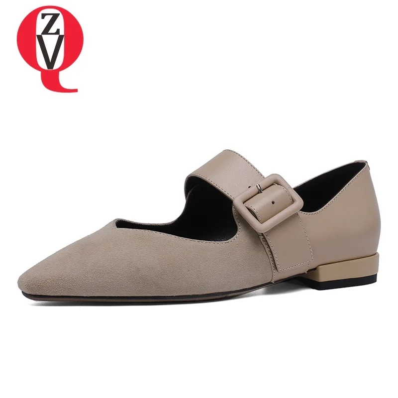 

ZVQ shoes women spring newest concise casual square toe kid suede women flats shallow buckle black apricot outside ladies shoes