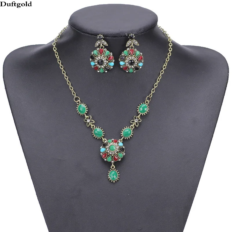 Bohemia Flower Pendant Vintage Statement Necklace Earring Jewelry Sets