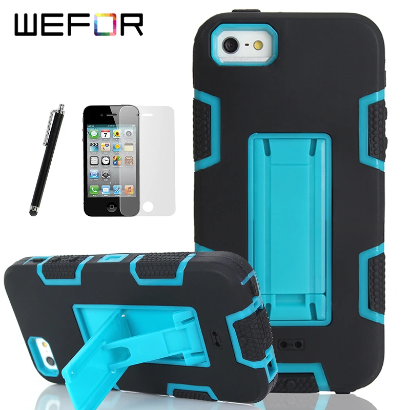 

Shockproof Hybrid Armor Rubber Heavy Duty Case Cover For Apple iPhone 4/4S Stand Phone Cases w/Screen Protector+Stylus Pen